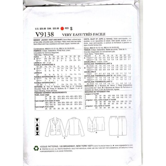 Vogue V9138 Misses 6 to 14 Business Suit Jacket, Vest and Skirt Sewing Pattern - Picture 2 of 2